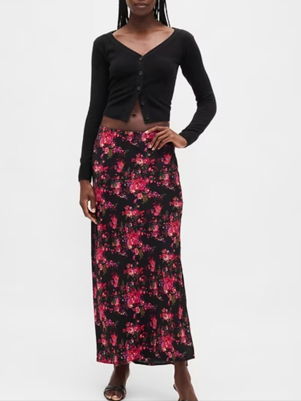 GAP Black Pull On Maxi Slip Skirt with Pink Black Floral Print